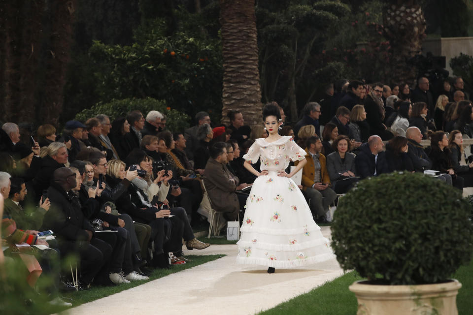 A model wears a creation for the Chanel Spring/Summer 2019 Haute Couture fashion collection presented in Paris, Tuesday Jan. 22, 2019. (AP Photo/Christophe Ena)