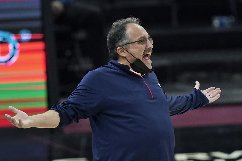 New Orleans Pelicans head coach Stan Van Gundy reacts in the second half of an NBA basketball game against the Cleveland Cavaliers, Sunday, April 11, 2021, in Cleveland. (AP Photo/Tony Dejak)