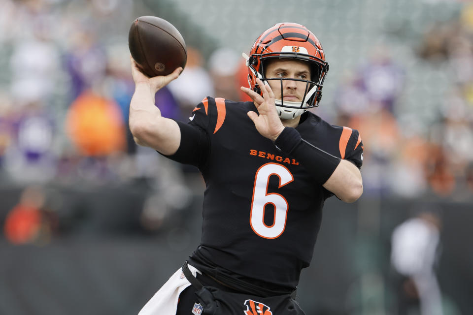 Cincinnati Bengals quarterback Jake Browning (6) warms up before an NFL football game against the Minnesota Vikings, Saturday, Dec. 16, 2023, in Cincinnati. (AP Photo/Jay LaPrete)