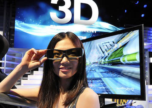A composite image of a woman wearing 3D glasses.
