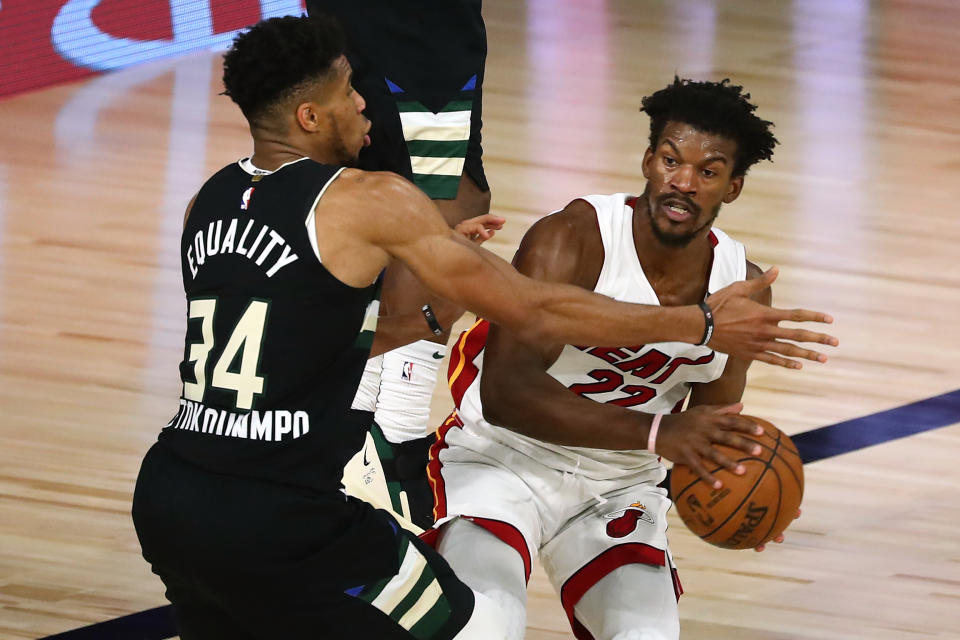 Giannis Antetokounmpo（圖左）將再遇上Jimmy Butler率領的邁阿密熱火。（Kim Klement-USA TODAY Sports）