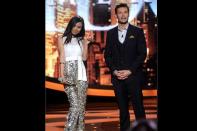 <b>March 2012</b> <br>Jessica Sanchez is all smiles in a sparkly sequined trousers with American Idol host Ryan Seacrest.