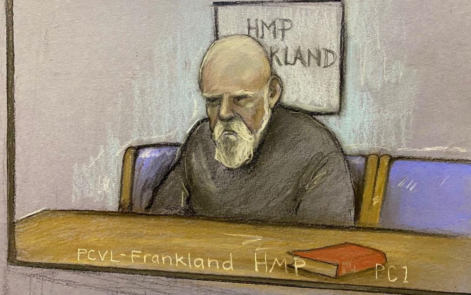 Court artist sketch by Elizabeth Cook of Wayne Couzens appearing via video link from HMP Kirkland, at the Old Bailey, as he was sentenced to 19 months in prison for flashing at women in the months before he kidnapped, raped and murdered Sarah Everard
