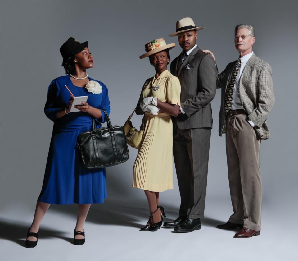 In the world premiere of the musical “Ruby” at Westcoast Black Theatre Troupe, Ashley Elizabeth Crowe, left, plays author and journalist Zora Neale Hurston covering a murder trial in Live Oak, Florida. Catara Brae plays the title character, Ruby McCollum, Maurice Alpharicio plays Ruby’s husband, Sam, and Larry Alexander plays Dr. C. Leroy Adams.