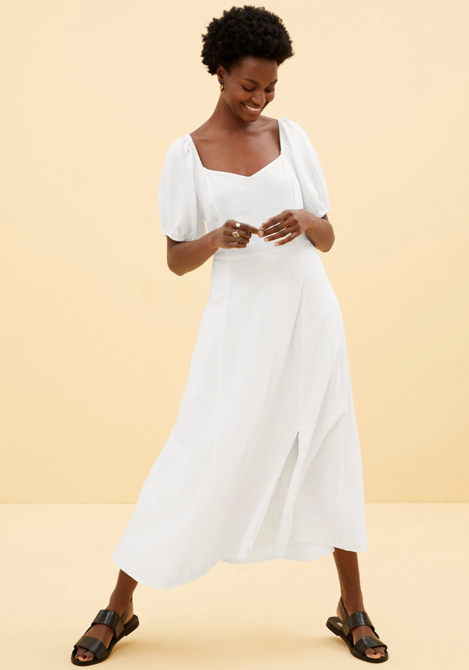 COLLECTION Linen Sweetheart Neckline Midi Tea Dress - $97.50. Photo: M&S 