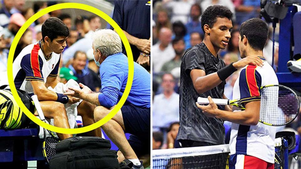 Teen Carlos Alcaraz (pictured left) getting treatment and (pictured right) being embraced by Felix Auger-Aliassime after retiring at the US Open.