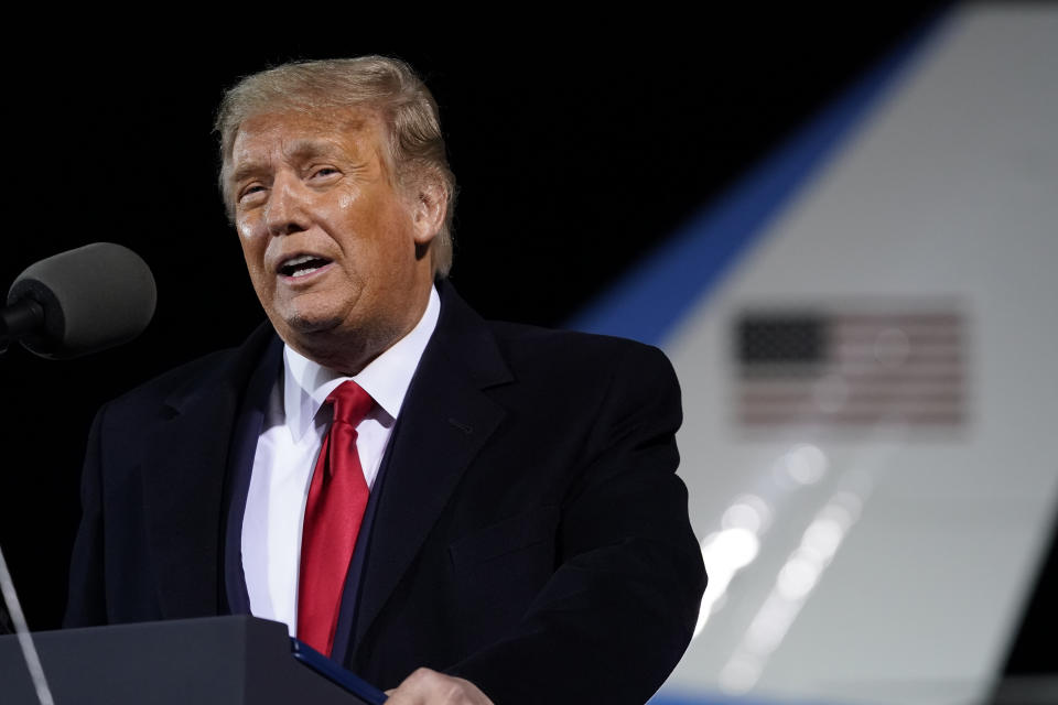 President Donald Trump speaks at a campaign rally at Duluth International Airport, Wednesday, Sept. 30, 2020, in Duluth, Minn. (AP Photo/Alex Brandon)