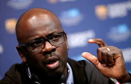 French former soccer player Lilian Thuram gestures during a news conference at Camp Nou stadium in Barcelona, Spain, Spain, November 14, 2018. REUTERS/Albert Gea