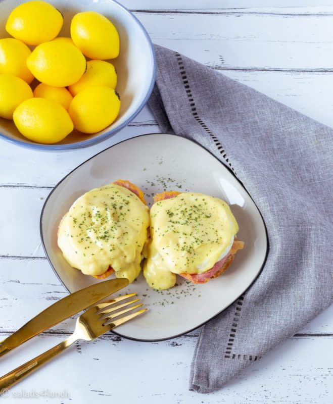 <p>Salads for Lunch</p><p>Poached eggs and peameal bacon can be easily done in the Air Fryer while the Hollandaise sauce is being made and the english muffin is being toasted. Easily and quickly make this fancy and delicious dish for Easter brunch!</p><p><strong>Get the recipe: <a href="https://www.salads4lunch.com/recipes/air-fryer-poached-eggs-for-eggs-benedict/" rel="nofollow noopener" target="_blank" data-ylk="slk:Air Fryer Eggs Benedict;elm:context_link;itc:0;sec:content-canvas" class="link ">Air Fryer Eggs Benedict</a></strong></p>