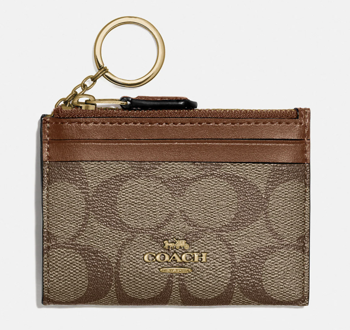 Mini Skinny ID Case in brown leather cc print (Photo via Coach Outlet)