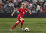 <p>Sophie Schmidt in Canada Soccer’s 2019 home Kit. Its red colour is inspired by the maple leaf, the national symbol of Canada for more than 300 years, and represents peace, tolerance and unity. The maple leaf first blooms red in the spring and turns red again in the autumn. This reflects the combination of the team’s new and veteran players and their desire to be the last team standing in France. </p>