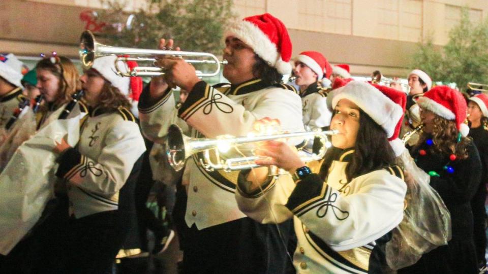 San Luis Obispo High School Marching Band performs on Monterey Street. The 46th annual Holiday Parade under the theme “Rockin Retro Holidays” took to the San Luis Obispo streets Dec. 2, 2022.