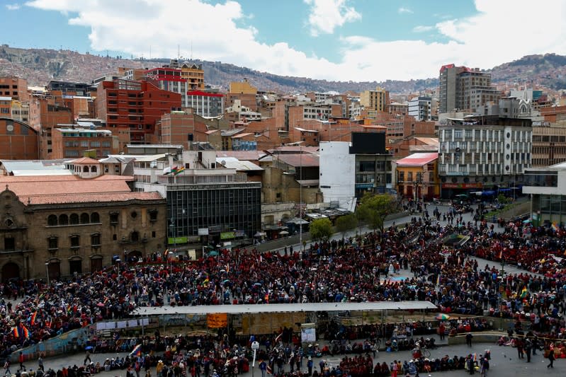 Supporters of former Bolivian President Evo Morales gather during a demonstration in La Paz