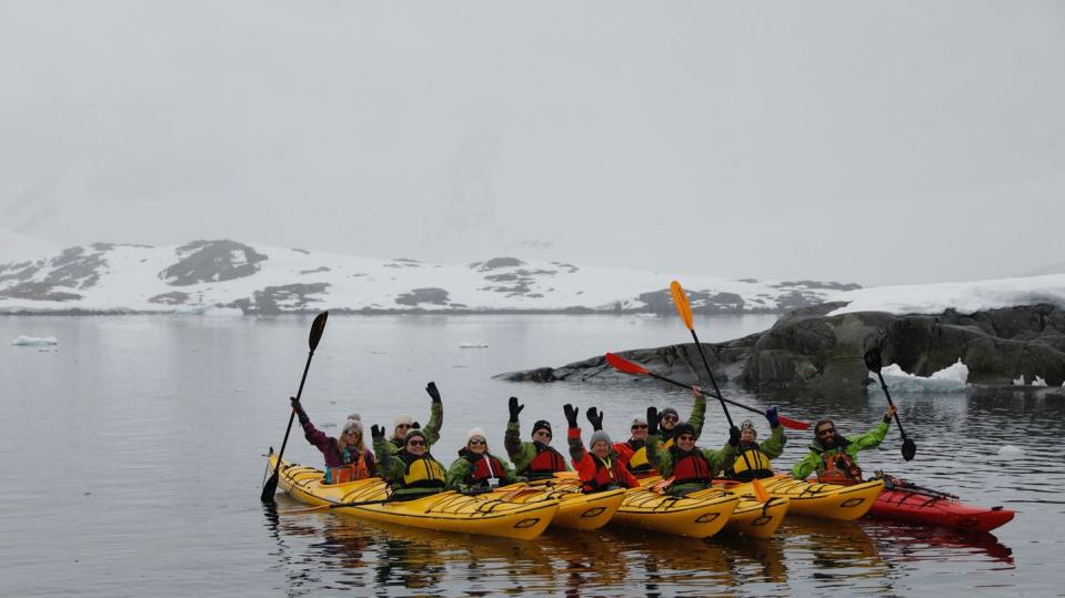 crusing with susan calman s3 ep6 and 7 argentina and antarcticasusan and kayaking group in kayaks off the ship