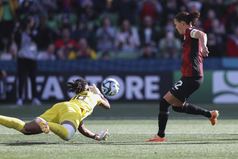 Nigeria's goalkeeper Chiamaka Nnadozie saves a penalty kick by Canada's Christine Sinclair, right, during the Women's World Cup Group B soccer match between Nigeria and Canada in Melbourne, Australia, Friday, July 21, 2023. (AP Photo/Victoria Adkins)