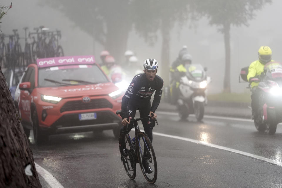 France's Julian Alaphilippe pedals during 16th stage of the Giro d'Italia cycling race, from Livigno to Santa Cristina Val Gardena (Monte Pana) Italy, Tuesday, May 21, 2024. (Fabio Ferrari/LaPresse via AP)