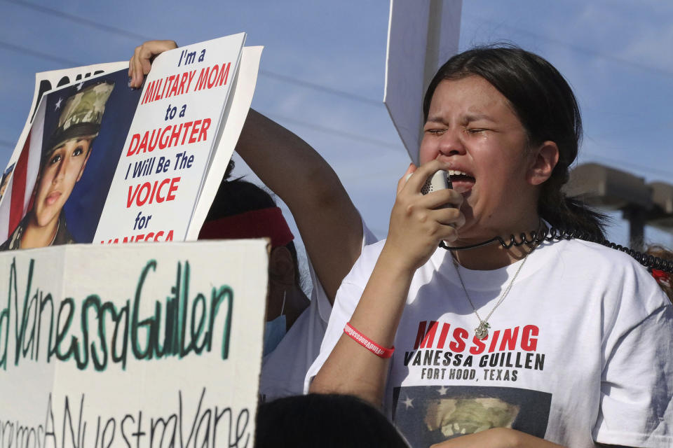 Lupe Guillen, younger sister to missing Pfc. Vanessa Guillen, addresses the crowd outside the gates of Fort Hood military base in Killeen, Texas on June 12, 2020. | Heather Osbourne—Austin American-Statesman via AP