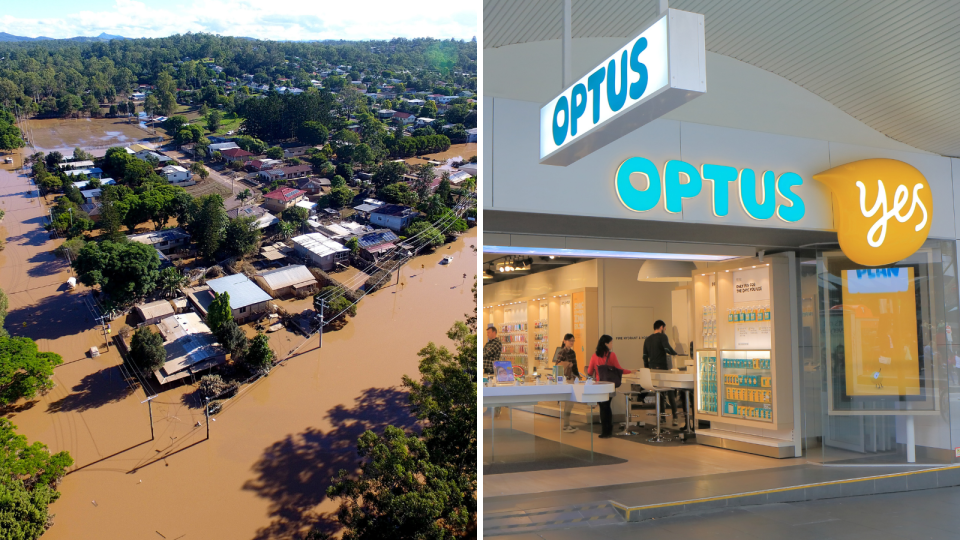 Aerial view of a town buried in high flood waters in Australia and an Optus shop.