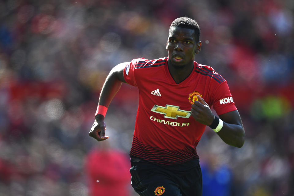 MANCHESTER, ENGLAND - MAY 12:  United player Paul Pogba in action during the Premier League match between Manchester United and Cardiff City at Old Trafford on May 12, 2019 in Manchester, United Kingdom. (Photo by Stu Forster/Getty Images)