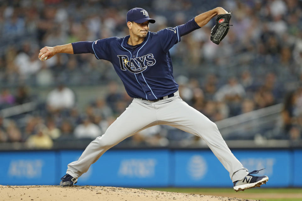 Tampa Bay Rays starting pitcher Charlie Morton winds up during the first inning of the second game of the baseball team's doubleheader against the New York Yankees on Thursday, July 18, 2019, in New York. (AP Photo/Kathy Willens)