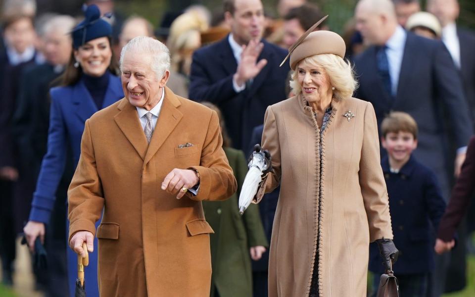 King Charles III and Queen Camilla attending the Christmas Day morning church service at St Mary Magdalene Church in Sandringham
