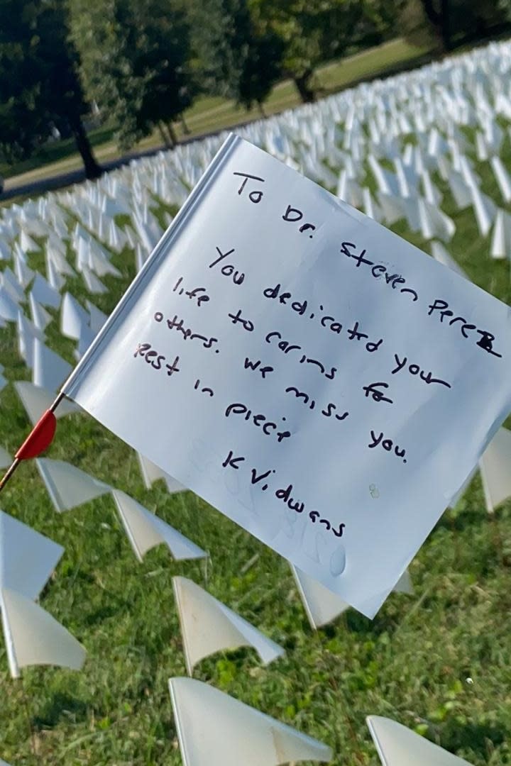 A memorial flag for Steven Perez. (In America: Remember)