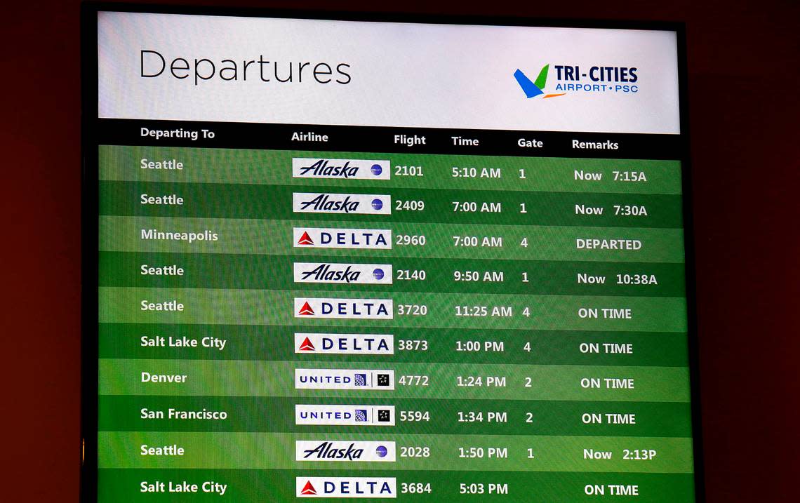 Tri-Cities Airport departure display board in the early morning hours of January 11, 2023 following a nationwide grounding of air travel because of an FAA computer glitch.