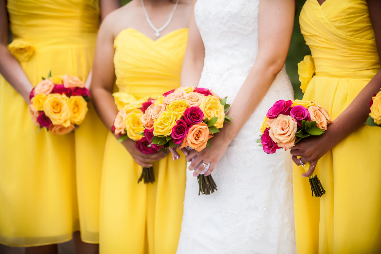 A bride was worried her bridesmaids’ eye colours could clash with the dress. Photo: Getty