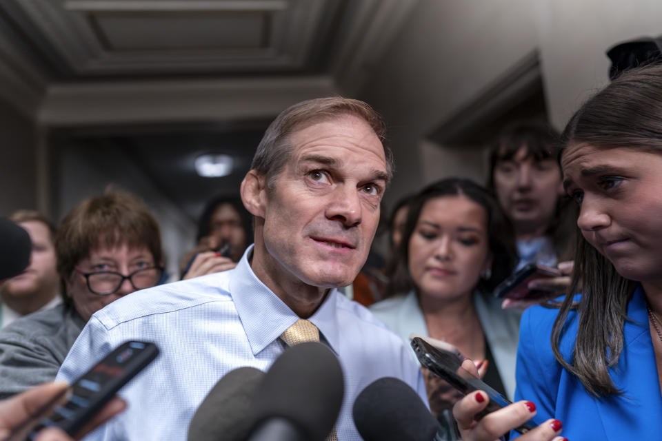 FILE - Rep. Jim Jordan, R-Ohio, chairman of the House Judiciary Committee and a staunch ally of former President Donald Trump, talks with reporters at the Capitol in Washington, Friday, Oct. 13, 2023. (AP Photo/J. Scott Applewhite, File)