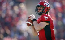 Calgary Stampeders' quarterback Drew Tate looks for a receiver during first half CFL football action against the Montreal Alouettes in Calgary, Alta., Sunday, July 1, 2012. THE CANADIAN PRESS/Jeff McIntosh