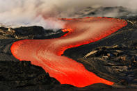 “Our days are spent on the edge of volcanoes, either leaving at midnight to get out before the light of the rising sun or hiking in the day and then staying overnight,” says Kale, 35, who’s from Hawaii. His partner, Selway, 28, is from Washington. (Photos by Caters News Agency)