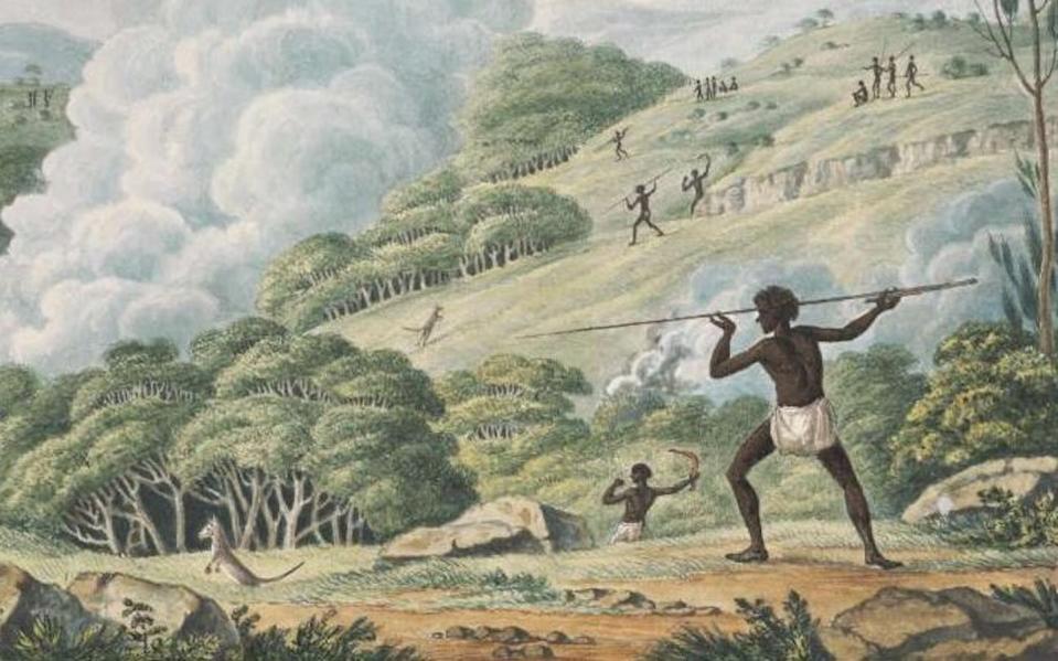 Aborigines Using Fire to Hunt Kangaroos, by Joseph Lycett. Indigenous people have used cultural fire practices for thousands of years. National Library of Australia