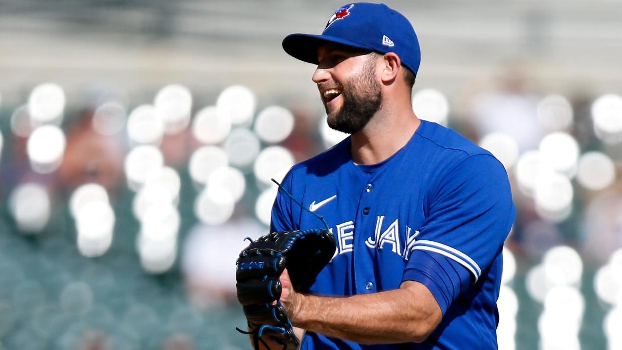 DETROIT, MI - AUGUST 29: Pitcher Tim Mayza #58 of the Toronto Blue Jays smiles after getting the final out in a 2-1 win over the Detroit Tigers at Comerica Park on August 29, 2021, in Detroit, Michigan. (Photo by Duane Burleson/Getty Images)