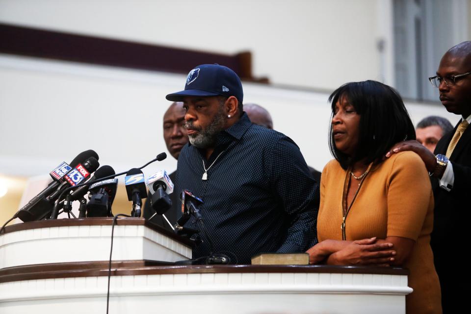 Mother and stepfather of Tyre Nichols, RowVaughn and Rodney Wells, prepare to speak at a press conference for Tyre Nichols on Jan. 27, 2023 at Mt. Olive Cathedral CME Church in Memphis, TN. 