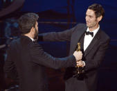 <p>Searching for Sugar Man<br>Ben Affleck greets filmmaker Malik Bendjelloul and Simon Chinn (unseen) as they accept the Best Documentary - Feature award for 'Searching for Sugar Man' .</p>