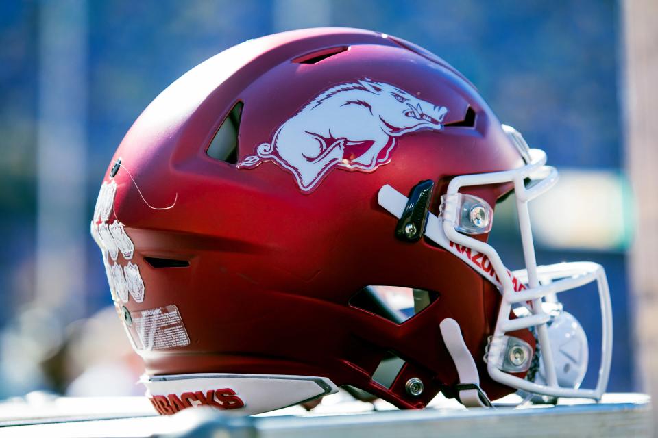 Nov. 11, 2017; Baton Rouge, Louisiana; Arkansas Razorbacks helmet during a timeout against LSU Tigers in the first quarter at Tiger Stadium. Stephen Lew-USA TODAY Sports