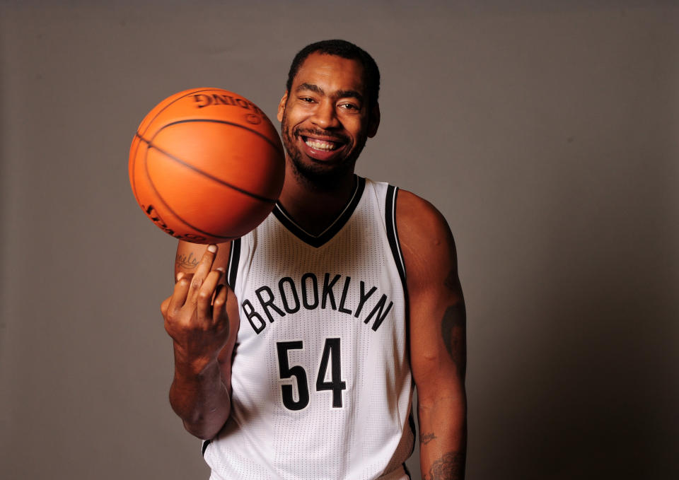 Sep 28, 2015; Brooklyn, NY, USA; Brooklyn Nets Center Chris Daniels (54) poses for a photo during media day at Barclays Center. 