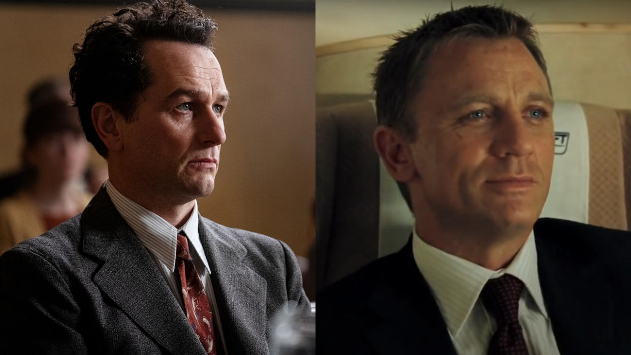  Matthew Rhys sitting in court in Perry Mason and Daniel Craig sitting in a dining car in Casino Royale, pictured side by side. 