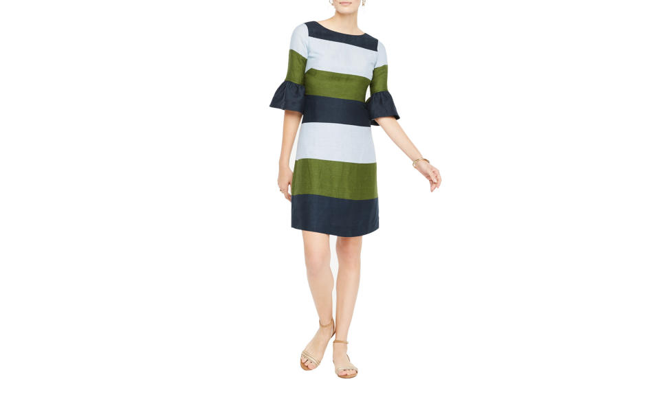 <p>Fluted-Sleeve Striped Shift Dress, $149, <a rel="nofollow noopener" href="https://www.anntaylor.com/fluted-sleeve-striped-shift-dress/426811?skuId=23053816&defaultColor=4634&colorExplode=true&catid=cata000012" target="_blank" data-ylk="slk:anntaylor.com;elm:context_link;itc:0;sec:content-canvas" class="link ">anntaylor.com</a> </p>