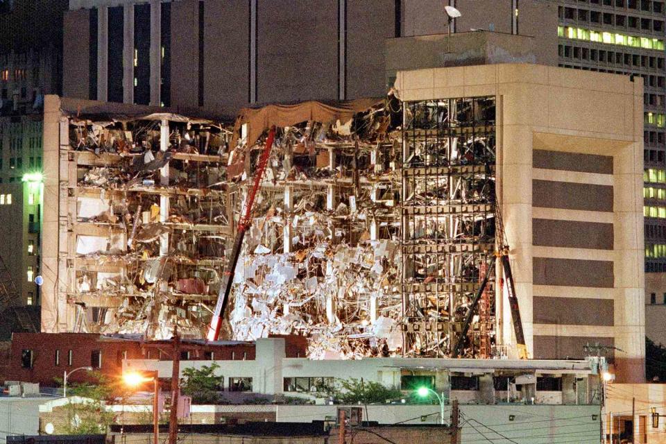 <p>BOB DAEMMRICH/AFP via Getty </p> Albert P. Murrah Federal Building in Oklahoma City on April 20, 1995