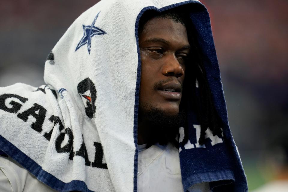 Dallas Cowboys defensive end Randy Gregory (94) with a Gatorade towel over his head during an NFL football game against the Denver Broncos, Sunday, Nov. 7, 2021, in Arlington, Texas.