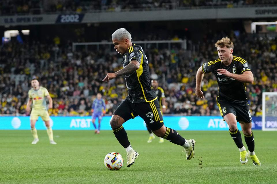 Mar 16, 2024; Columbus, Ohio, USA; Columbus Crew forward Cucho Hernandez (9) dribbles upfield during the first half of the MLS soccer match against the New York Red Bulls at Lower.com Field. Mandatory Credit: Adam Cairns-USA TODAY Sports
