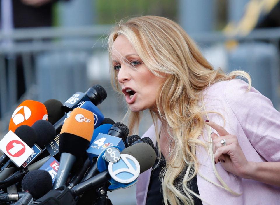 Adult film star Stephanie Clifford, also known as Stormy Daniels, speaks at the US Federal Court in Lower Manhattan, New York. (AFP via Getty Images)