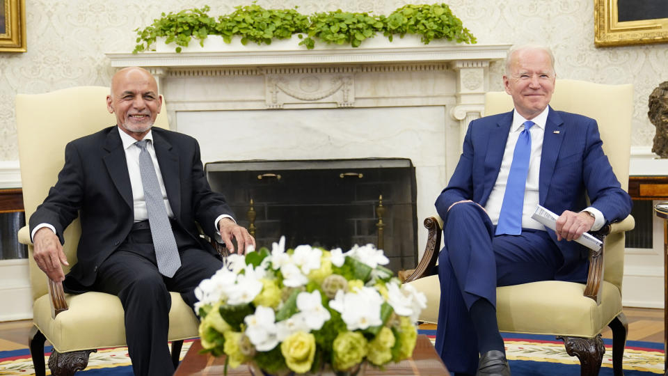 President Joe Biden meets with Afghan President Ashraf Ghani in the Oval Office of the White House in Washington, Friday, June 25, 2021. (AP Photo/Susan Walsh)