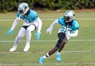 Carolina Panthers cornerback Donte Jackson, right, breaks across the field during practice at Gibbs Stadium on Saturday, July 31, 2021. The team held their practice at Gibbs Stadium as part of the NFLÕs Training Camp: Back Together Saturday celebrating the return of fans and football.