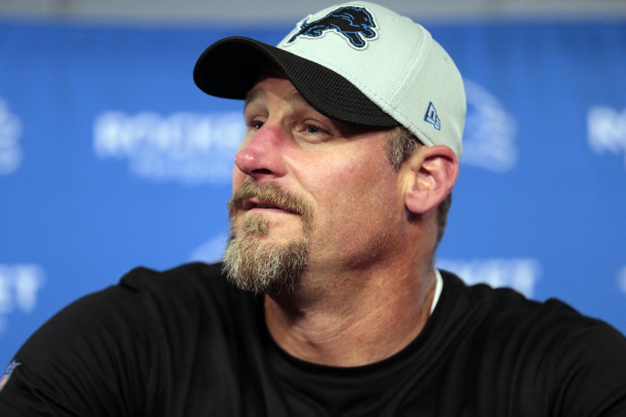 Detroit Lions head coach Dan Campbell speaks to the media after an NFL football game against the Baltimore Ravens in Detroit, Sunday, Sept. 26, 2021. (AP Photo/Tony Ding)