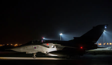 An RAF Tornado prepares to take off from Akrotiri in Cyprus, April 14, 2018. Cpl L Matthews, 83EAG, Royal Air Force Photographer/Ministry of Defence Handout via Reuters