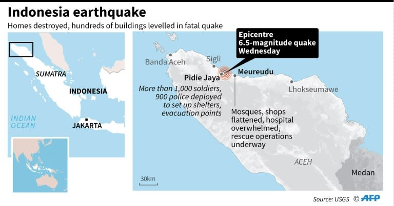 Regional map showing the area hit by a 6.5-magnitude quake in Indonesia's Aceh province on December 7, 2016