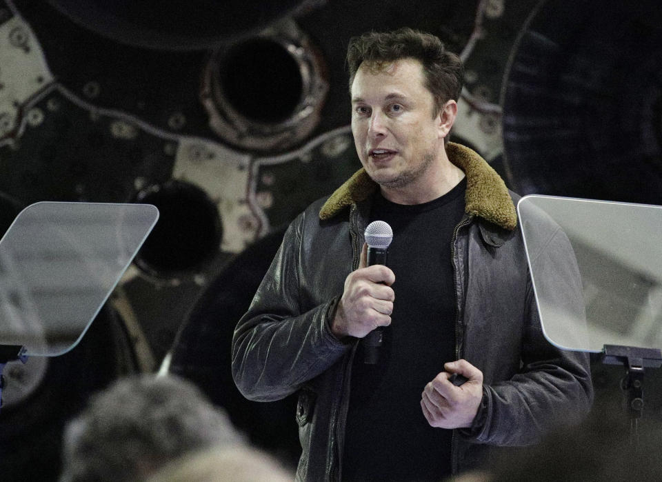 SpaceX founder and chief executive Elon Musk speaks at an event to announce the name of the person who would be the first private passenger on a trip around the moon, Monday, Sept. 17, 2018, in Hawthorne, Calif. (AP Photo/Chris Carlson)