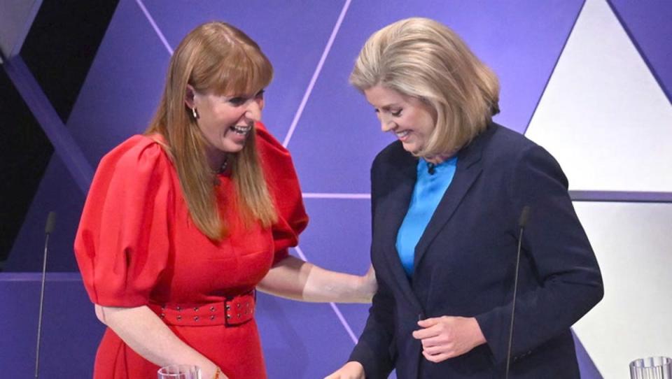 Ms Mordaunt shares a moment with Angela Rayner after the first televised debate (BBC)